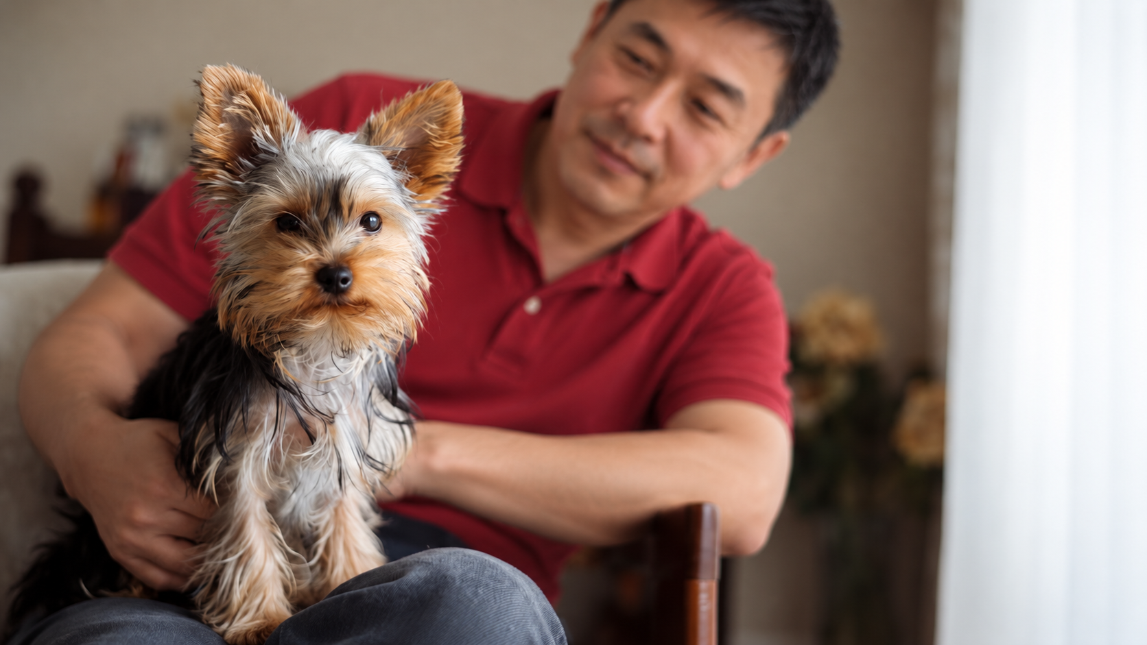 A Yorkshire terrier sitting on a man’s lap