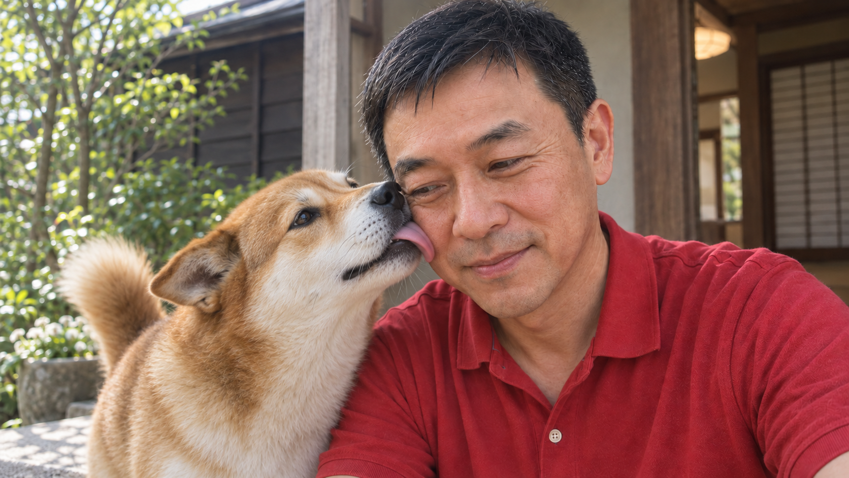 A man smiling as his dog licks his cheek on a sunny porch